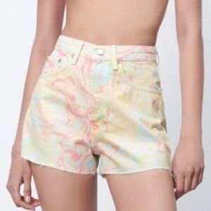 Zara Pastel Marbled High Waist Denim Shorts | Size 00 | NWOT